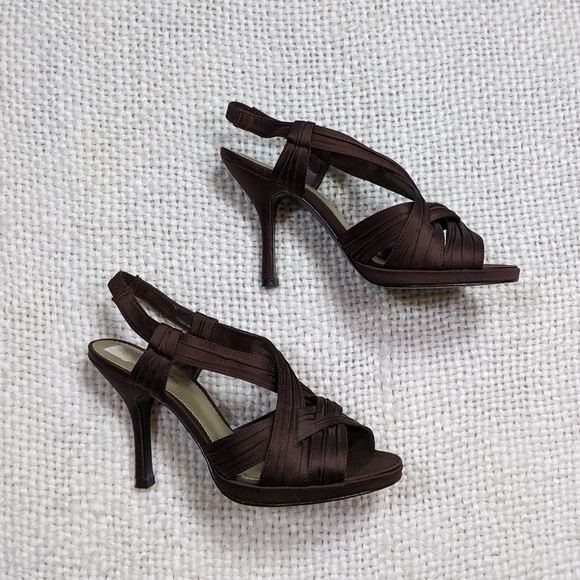 Retro Y2K Jacqueline Ferrar Chocolate Brown Sexy Satin‎ Strappy Y2K Heels - 6.5 - Picture 1 of 7
